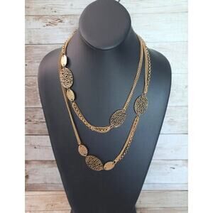 Vintage Necklace - Long Layered Necklace Gold Tone with Oval Detail